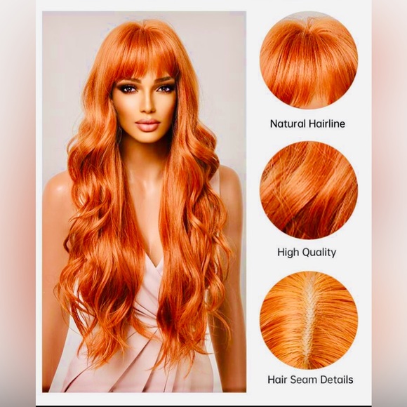 Long Ginger/Orange 26” heat resistant Wavy Curly Wig with Bangs Synthetic/Human - Picture 4 of 5